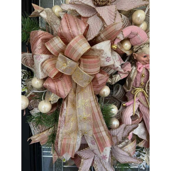 Rose Gold Elf Christmas Door Wreath - Picture 6 of 8